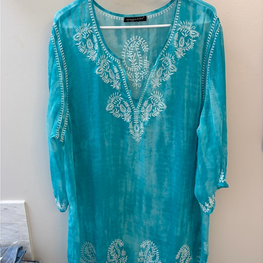 Aqua white Embroidered Women's Swim beach Coverup woman's 2x